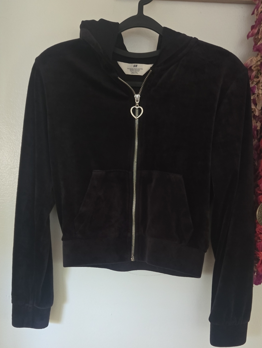 H&M Black Teddy Velour Zip Hoodie with Heart Zipper